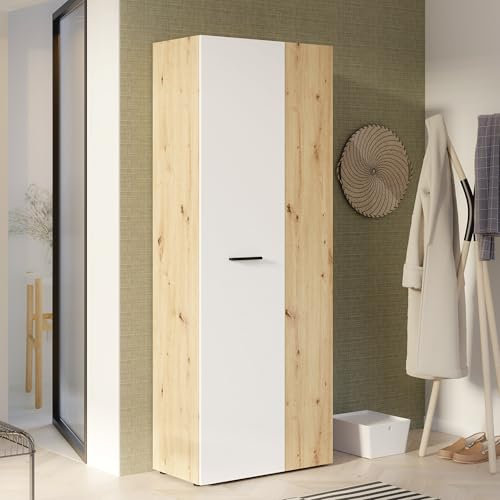 FORTE NET106 Schrank 70 180, Mehrzweckschrank, Staubsaugerschrank, Abstellraum, Drehtürenschrank, 2-türig mit Einlegeböden, Weiß/Holzdekor: Artisan Eiche, 68,7 cm breit x 181,1 cm hoch x 36,5 cm tief