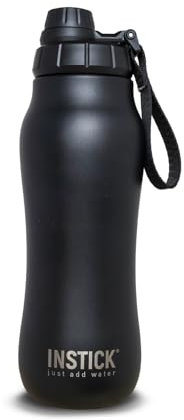 INSTICK Isolierflasche Black 1.2 L – Edelstahl-Wasserflasche mit Trageschlaufe, auslaufsicher für heiße & kalte Getränke, ideal für Fitnessstudio, Schule, Büro und Reisen
