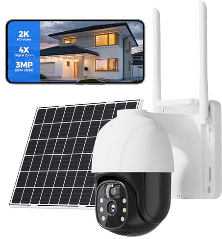 Solar Security Cameras Wireless Outdoor - PTZ 360° Solar WiFi Camera with PIR Sensor Motion Dective with Two-Way Intercom for Home, 2K Night Vision, Light and Sound Alarm