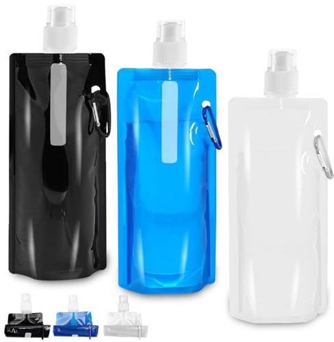 3 Stück 500ML Faltbare Trinkflasche,Tragbarer Zusammenklappbare Wassersack,Wiederverwendbare Faltbare Wasserflasche,Faltbare Wasserflaschen Set für Wandern,Abenteuer,Reisen,Unisex Adult