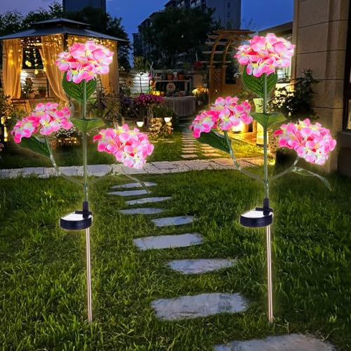 Shinybox 2 Pezzi Lampade Solari da Giardino a Forma di Fiore, Impermeabile IP65, Lampade Solari da Giardino, Luci Decorative per Esterni, Giardino, Balcone, Terrazza e Sentieri(Ortensia)