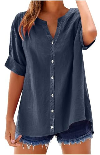 Huoghebg Leinenbluse Damen Sommer Sale Clearance, Musselin Bluse Damen Oversized Baumwolle Button-Down Leinenhemd Lässig Hemdbluse Große Größen Leinenbluse Tunika Tops Musselinbluse Langarmshirt