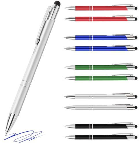 10 stück Kugelschreiber,Geschenk für lehrerin,Ergonomische Schreibstifte Set,Mit Touchscreen-Funktion Klickkugelschreiber,Silber Kugelschreiber mit Blaue Mine