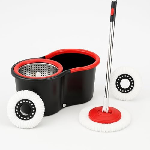 Meown 6L Spin Mop and Bucket Set – 360° Rotating Microfibre Round Mop with Stainless Steel Handle, 2 Refill Pads & Self-Wringing System – Red & Black Mop for Hard Floors, Tile & Wood