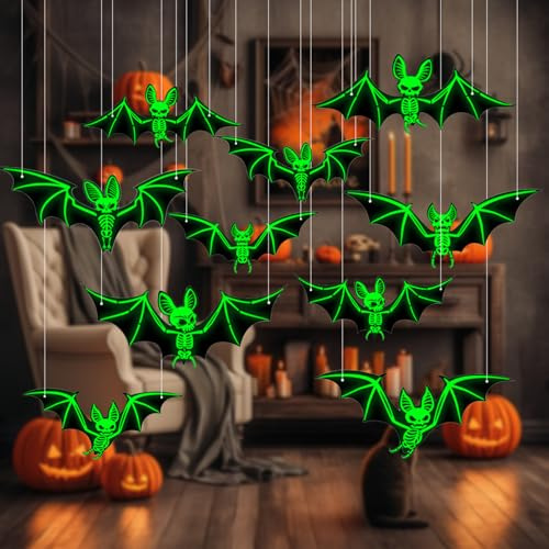 Halloween Leuchtende Fledermäuse Deko, 10 Stück Gruselige Fledermaus Hängende, Halloween Hängende Fledermaus, Halloween 3D Fledermaus Deko, für Fensterdeko, Halloween Party Outdoor Dekoration