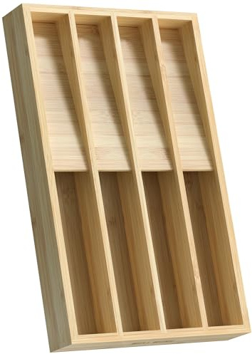 WELL WENG Range Couverts pour Tiroir en bambou,Plateau d'Ustensiles | 40,7x25,2x4,2cm,8 Compartiments Organisation de Cuisine,Rangement pour Vaisselle pour Cuillères/Fourchettes/Couteaux