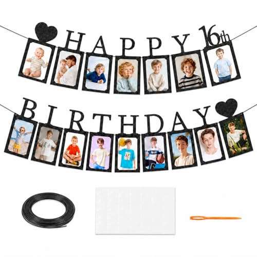 Sugfews Deko 16. Geburtstag Junge Schwarz, Fotogirlande Geburtstagsdeko, Foto Banner, Fotogirlande zum 16. Geburtstag, inkl. 16 Glitzerkarten für Fotos von Junge im Alter 1 bis 16 Jahre