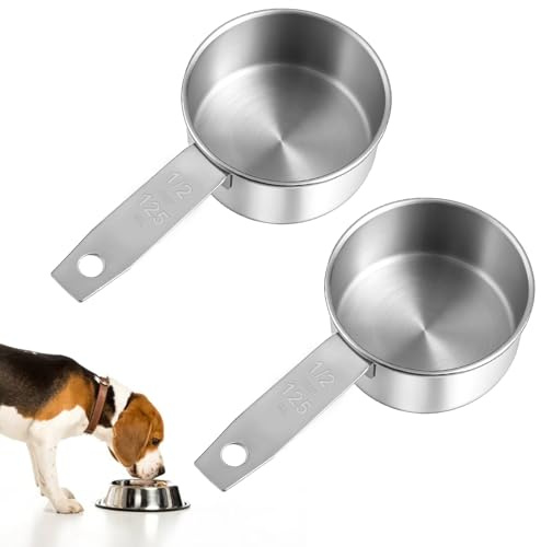 2 Pcs Dog Food Scoop, 1/2 Cup Measuring Scoop for Feeding Pet, Ingredients | 125ml Stainless Steel Half Cups Dog Food Scoops, Metal Measuring Scoops for Kitchen, Cooking, Dishwasher Safe