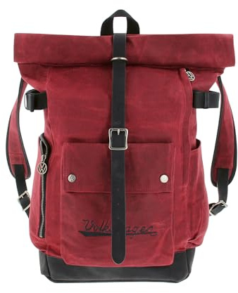 BRISA VW Collection - Volkswagen Rolltop Reise-Rucksack aus Rindsleder & gewachstem Segeltuch, wasserabweisend (25-35 Liter) rot | Volkswagen Backpack Camping, Größenverstellbar Gepolstert Robust, Wasserabweisend Segeltuch & Echtes Rindsleder, Rot
