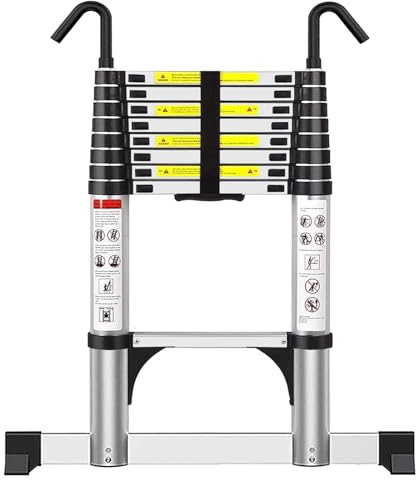 Telescoping Ladder 2.6M Aluminium Loft Ladder, Ladders Extendable | Max Load 150kg/330lb, Portable Folding Ladder with Stabilizer Bar, Detachable Hooks and Non-Slip Feet for Roof Attic Caravans