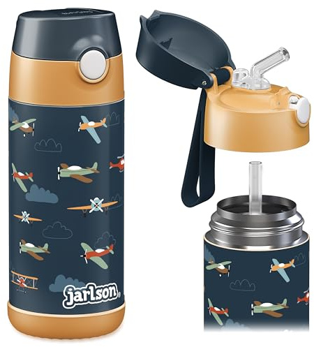 Jarlson® Trinkflasche Kinder Edelstahl Charli [MIT STROHHALM] - Thermosflasche Auslaufsicher - Thermoskanne - Water Bottle Kids - Thermo Trink Flasche für Schule & Kindergarten (350ml, Flugzeuge)
