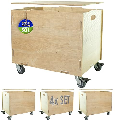 clipfritz - 4er Set Aufbewahrungskiste mit Rollen und Deckel MDF Holz (33x45,5x34,5cm + 6cm Rädern-Höhe) Rollbox zur Aufbewahrung - Kinderzimmer Kiste Spielzeug und Bücher - Spielzeugkiste, Rollkasten