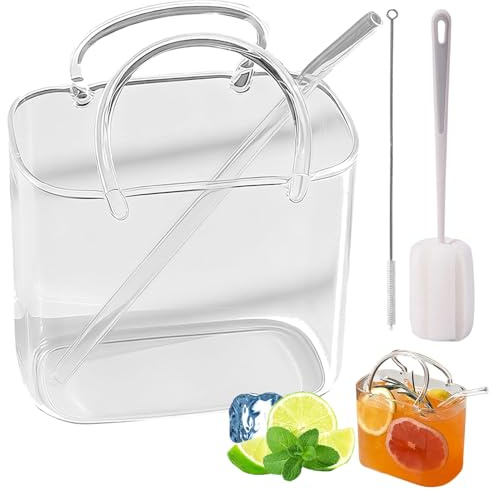 Snrtevu Purse Drinking Glass for Drinks Set of 2 with Straw, Glass Purse Vase, Unique Wine Glasses, Cute Cocktail Glasses for Juice, Iced Tea, Flowers, Home Bar Decor (1PC)