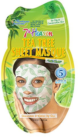 7th Heaven Tea Tree Sheet Masque with Pressed Tea Tree, Squeezed Bearberry and Crushed Spearmint to Stimulate and Wake Up Skin, Ideal for Oily and Combination Skin