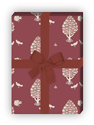 Edles Geschenkpapier Set (4 Bogen), Dekorpapier Bäumen und Tauben für Geschenkverpackung & Überraschungen zur Geburt, Ostern, Geburtstag, Hochzeit, Weihnachten 32 x 48cm, rot braun