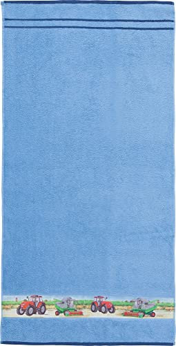 Erwin Müller Kinder-Badetuch Frottier hellblau Größe 70x140 cm - mit Webbordüre Traktor, Bauernhof, 100% Baumwolle