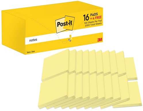 Post-it Notes Canary Yellow, Value Pack - 20 Pads, 100 Sheets per Pad, 76 mm x 76 mm, Canary Yellow - Self-Stick Notes for Note Taking, to Do Lists & Reminders, School and Office Supplies