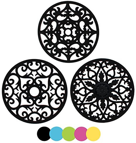 IPHOX 3 Set Silikon Multi-Use kompliziert geschnitzt Untersetzer Matte - isoliert flexible dauerhafte rutschfeste Untersetzer (schwarz)