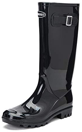 DKSUKO Women's Tall Rain Boots Garden Boots Waterproof Wellington Rubber Boots (9 B(M) US,Bright Black)