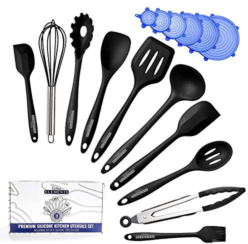Silicone Kitchen Utensils Set for Cooking & Baking [10 Pieces] | with Free Set of Silicone Stretch Lids | Spatula, Whisk, Tongs | Heat Resistant & Non-Stick | by Kitchen Elements