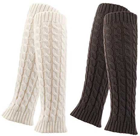 QKURT 2Paare Beinwärmer,Knie Hoch Stulpen Braun Legwarmers für Damen,Warme Beinstulpen Strick