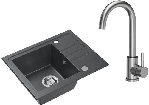 VBChome Spülbecken Granit Schwarz mit Armatur 55 x 44 cm Einzelbecken Einbauspüle Gesprenkelt Reversibel Granitspüle Siphon Waschbecken Armatur Spülbecken Schwarz mit Inox Armatur