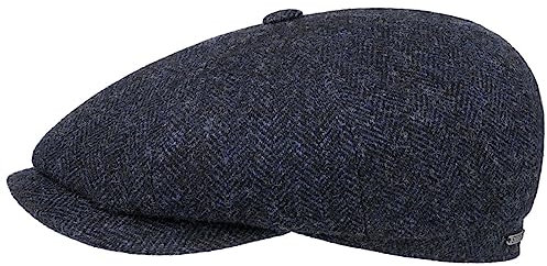 Stetson Hatteras Classic Wool Schirmmütze - Schiebermütze Herren - Flatcap mit Baumwollfutter - Herrencap mit Fischgrätmuster - Ballonmütze Herbst/Winter - Wintercap schwarz-blau 57 cm