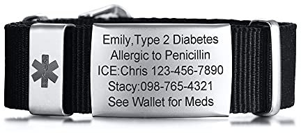 VNOX Medical Alert Bracelets for Men and Women, Personalized Sports Bracelets with Adjustable Rope Band, Medical ID Bracelets, 7.1 inches, Stainless Steel, No precious stones