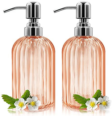 Seifenspender – 2 Stück 400 ml Glas-Seifenspender mit rostfreier Edelstahlpumpe, nachfüllbarer Flüssigkeitsflaschenspender, Premium-Handglasspender für Bad, Küche, Arbeitsplatte(Bernstein)
