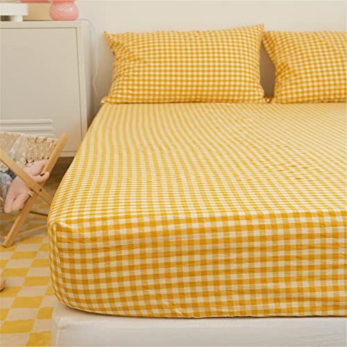 Meiju-shop Mateju Boxspringbett Spannbettlaken Gingham Minimalistisch Plaid Spannbetttuch für Einzelbett und Doppelbett, Weiche Bequem Polyester Cotton, für Matratze bis 25 cm hohe (Gelb,180x200cm)