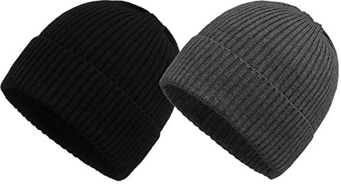 Mikos Klassische Mütze Winter Beanie für Herren Strickmütze Basic Hat Weich Stretchy Atmungsaktiv Winterhaube Schwarze Herrenmütze Männer WintermüTZE Haube Schwarz Grau (Dunkelgrau+Schwarz)