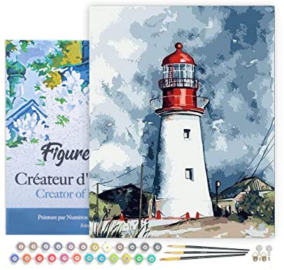 Figured'Art Peinture par Numéro Adulte avec Cadre Phare sous un Ciel chargé - Activité Manuelle Kit de Loisir Créatif DIY Numéro d'Art Complet - 40x50cm toile tendue sur châssis