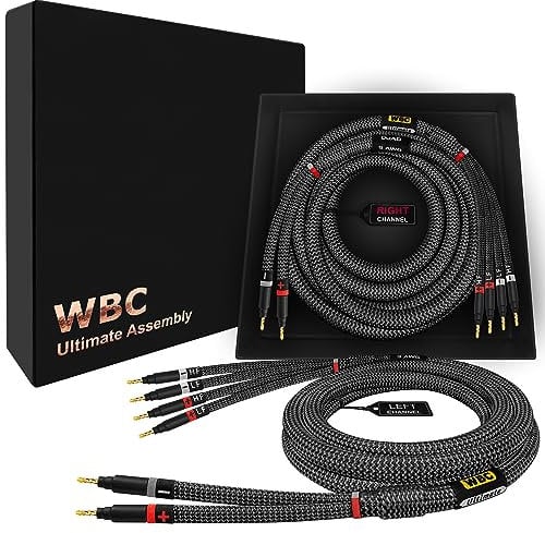WORLDS BEST CABLES 12 Foot - - Ultimate - 9 AWG - Ultra-Pure OFC - Premium Audiophile HiFi Bi-Wire Speaker Cable Pair with Eminence Gold Banana Plugs & Carbon Tweed Jacket