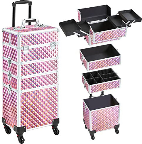 Yaheetech Valigia Porta Trucchi Trolley Estetista 4 in 1 Valigetta Make Up Beauty Case da Viaggio Grande con Ruote Girevoli Serrature Professionale 34 x 25,5 x 80 cm Rosa Scintillante