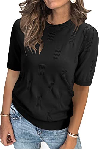 Arach&Cloz Pullover Damen Kurzarm Sommer Frühjahr Strickpullover Elegant Rundhals Sweatshirt Tops Oberteile Pulli (Schwarz,XXL)
