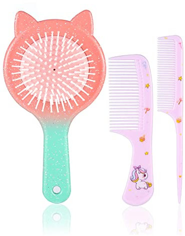 Fanshiontide 3 Stck Haarbürste für Kinder und Mädchen, Klein Haarbürste Kinderhaarbürste Süßer Detangler Bürste Einhorn Kamm Set Entwirrende Haarbürste für Kinder