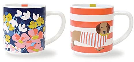 Joules Bright Side Set of 2 Stackable Ceramic Mugs for Tea or Coffee Featuring Floral and Sausage Dog Designs