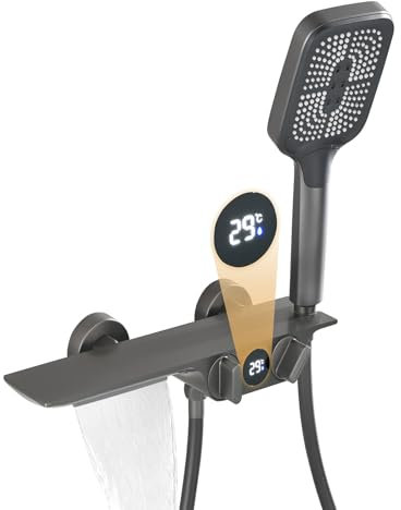 Badewannenarmatur mit Handbrause, Wasserhahn Badewanne Mischbatterie mit Temperaturanzeige und Wasserfall-Auslauf Inklusive Handbrause mit 3 Funktionen, 150cm PVC Brauseschlauch, Pistolengrau