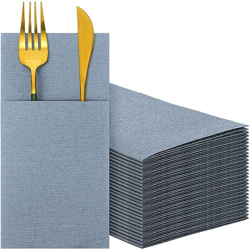Qilery Linen Feel Napkins, Disposable Airlaid Paper Napkins Prefolded Dinner Napkins with Built in Flatware Pocket for Silverware Valentine Wedding Party Christmas Day, Dusty Blue(75 Pieces)