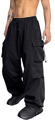 GORGLITTER Herren Cargo Hose Baggy Cargohose mit Taschen Y2k Sweathose Lange Capri Hose Streatwear mit Tunnelzug Schwarz S