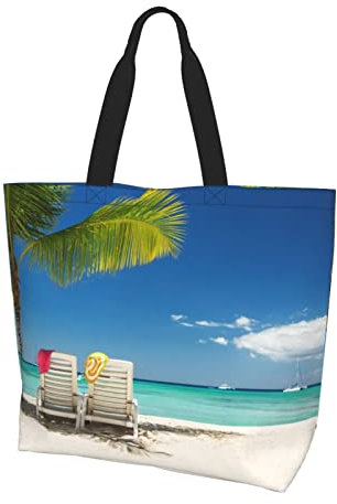 DOFFO Bedruckte Canvas-Tragetasche, Motiv: Arches National Park, wiederverwendbare Einkaufstasche, Strandtasche, Schultertasche, Beach Palm Tree Chairs Boats, Einheitsgröße