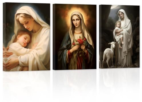 ZXHYWYM Jungfrau Maria Leinwand Bilder 3 Teilig Jesus Mutter Gemälde Drucke Katholische spirituelle Bilder Wanddekoration für Büro Kirche Gebetsraum (Bild-1, (28.00 x 35.00 cms x 3 Teilig))