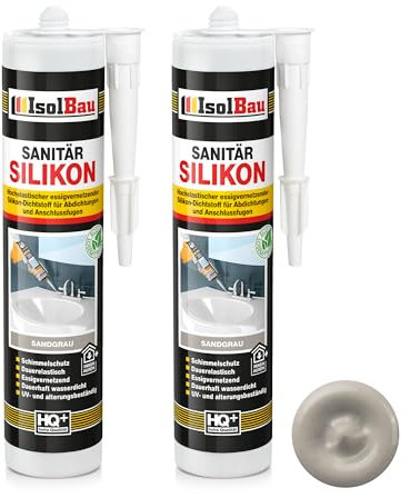 Isolbau Sanitär Silikon 2 x 300 ml Sandgrau - Hochelastischer Silikon-Dichtstoff für Abdichtungen & Fugen – Schimmelresistent, wasserdicht - Kartusche