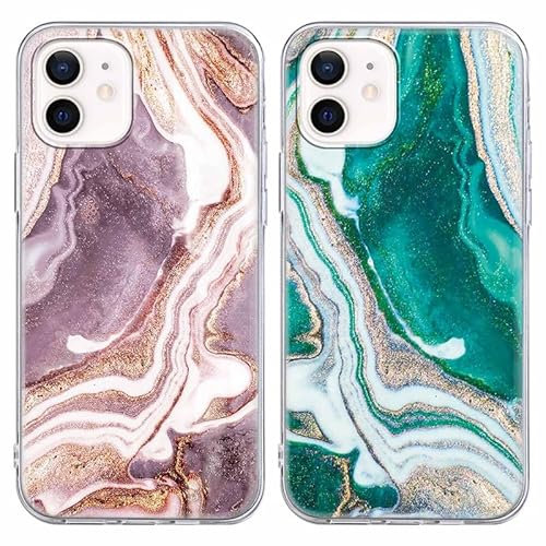 Xylota 2 Stück Handyhülle für iPhone 12/iPhone 12 Pro 6,1 Hülle, Durchsichtig Aesthetic Marmor Muster Weich Silikon Case, Transparent Dünn TPU Stoßfeste Kratzfest Schutzhülle Frauen Mädchen Cover, 02