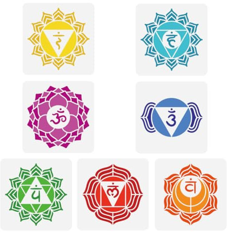 FINGERINSPIRE 7 Stück Malschablone Mit Menschlichen Chakra Symbolen 15 cm Mandala Blumen Sprühschablone Yoga In Chakra Schablone Große Religiöse Themen Schablone PET Vorlage Für DIY Wand Sammelalbum