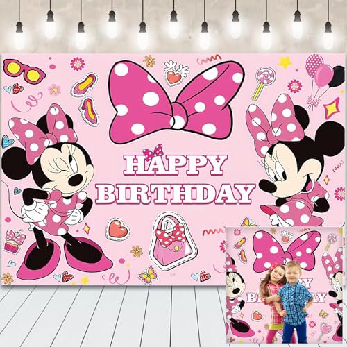 Cartoon Theme Kids' Party Backdrop - Happy Birthday Banner Photography Background, Pink Birthday Sign Poster For Girls & Boys (5 * 3FT)