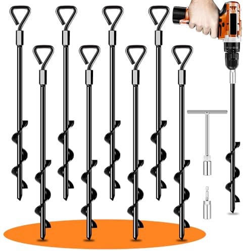 Ground Anchors Screw in Tent Pegs Heavy Duty Trampoline Pegs High Winds, Ground Anchors for Camping Tent, Canopies, Carports, Sheds, Swing Sets, Canopy Stakes Kit, Mobile Home Anchors (8)