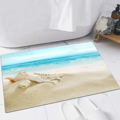 EMFSLA rutschfest Badezimmer Badeteppiche,Weich Hochflor Saugfähig Badvorleger Waschbar Flauschige Mikrofaser Badematte,Ozean, Meer, Seestern, Meereslandschaft, Bild, Strand, Weiß,40x60 cm