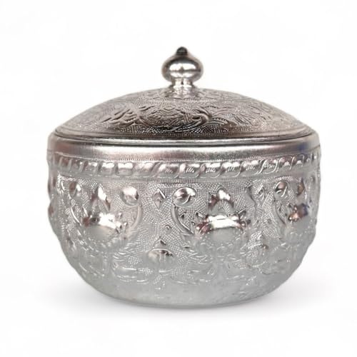 UNCLEJUM Boîtes à bijoux vintage en aluminium avec couvercle, design traditionnel thaïlandais, pour décoration d'intérieur, cadeau, tasse à boisson thaïlandaise (10 cm)