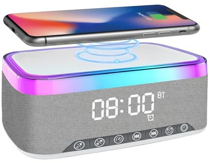 Wenosda Digitaler Wecker, Digitaler Bluetooth-Audio-Wecker, Wecker mit weißem Rauschen- 12 Farben Nachtlicht, Bluetooth-Lautsprecher, kabelloses Ladegerät für iPhone/Samsung, Temperaturanzeige